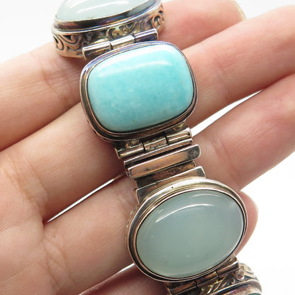 925 Sterling Silver Vintage Amazonite & Chalcedony Solid 102.5g Bracelet 6.5"