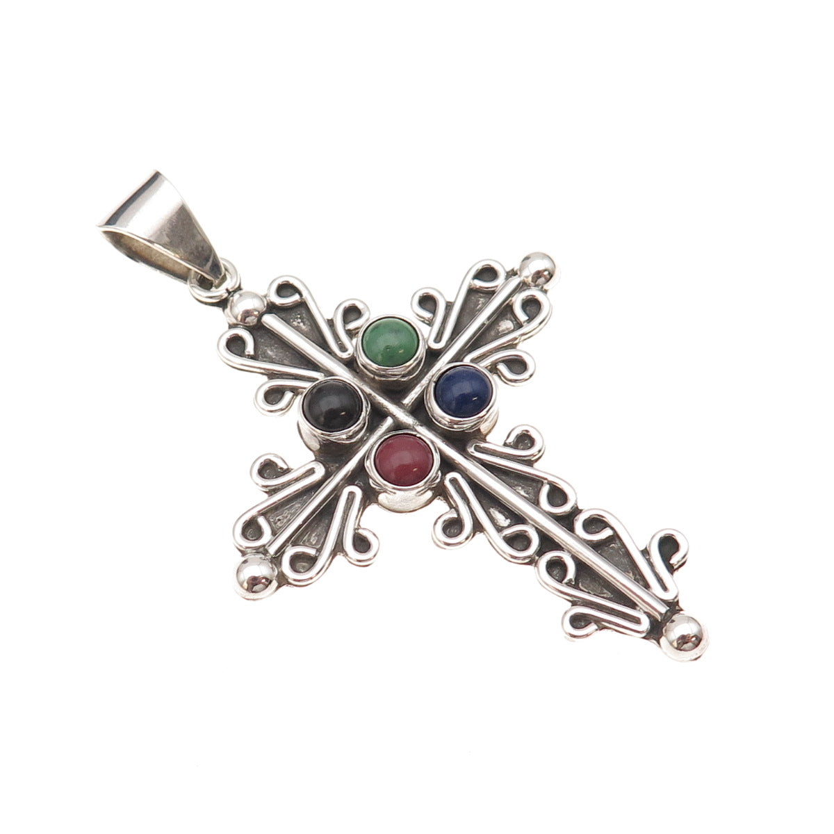 Carsi Sterling Silver Vintage Mexico Turquoise Lapis Onyx Sugilite Cross Pendant