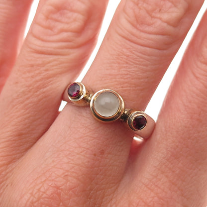 925 Sterling Silver 2-Tone Vintage Real Moonstone & Red Garnet Ring Size 9.25