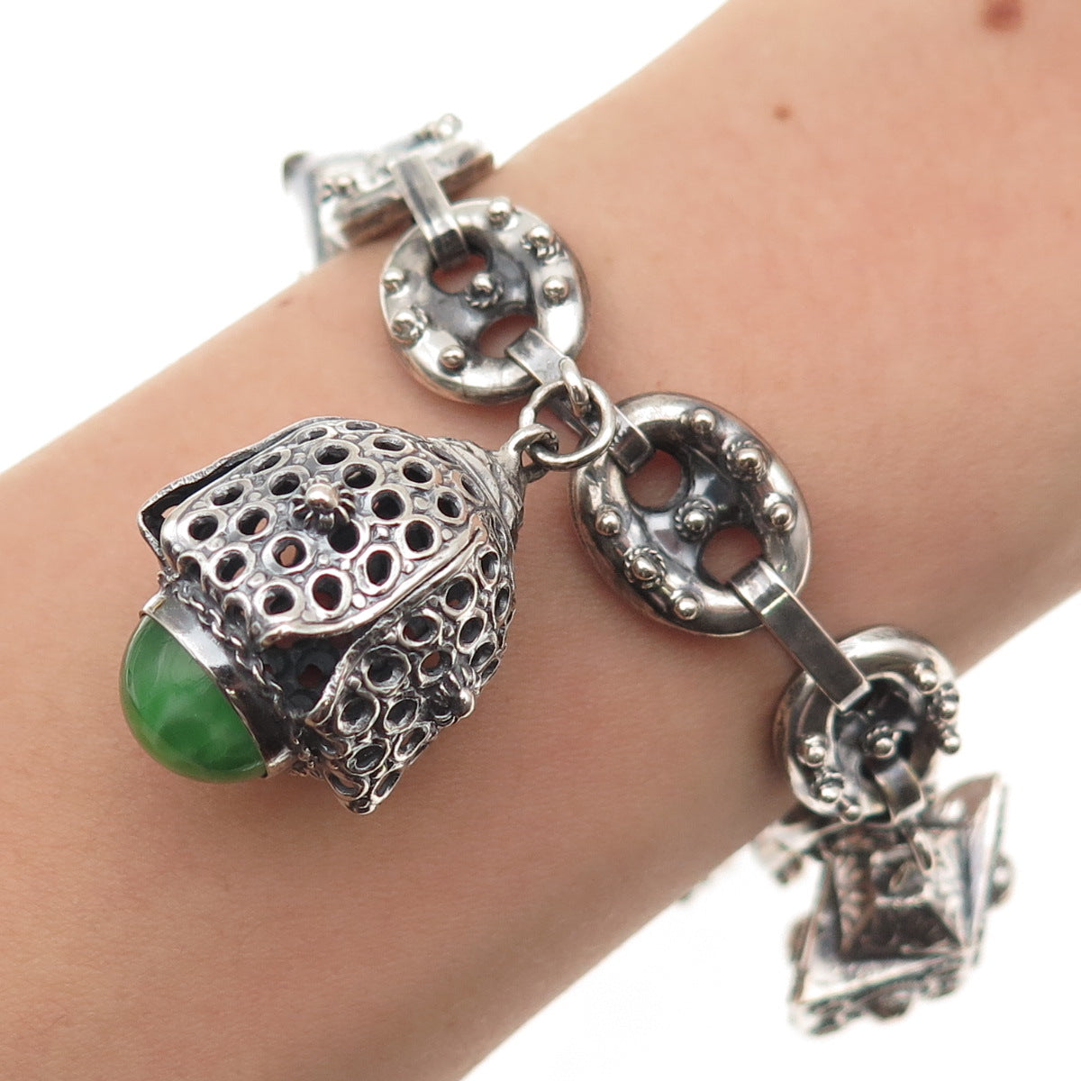 800 Silver Antique Art Deco Italian Etruscan Revival Charm Bracelet 7.25"