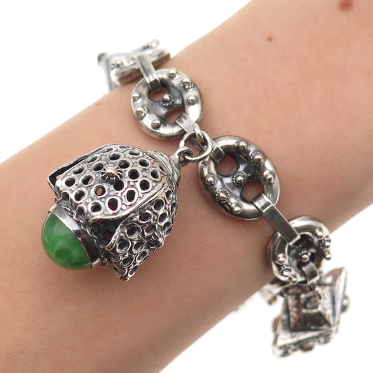 800 Silver Antique Art Deco Italian Etruscan Revival Charm Bracelet 7.25"