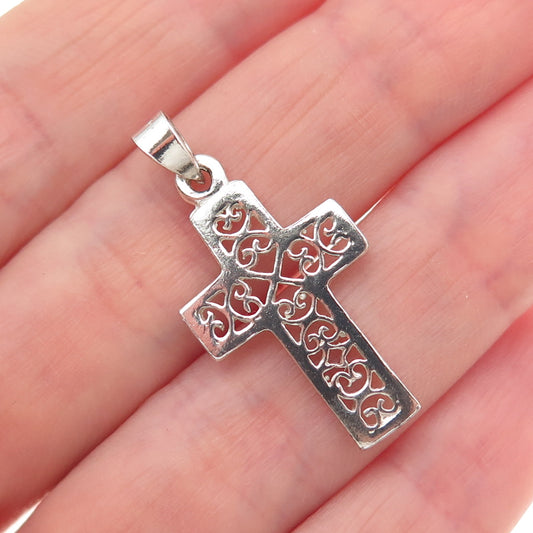 925 Sterling Silver Vintage Cross Heart Ornate Charm Pendant