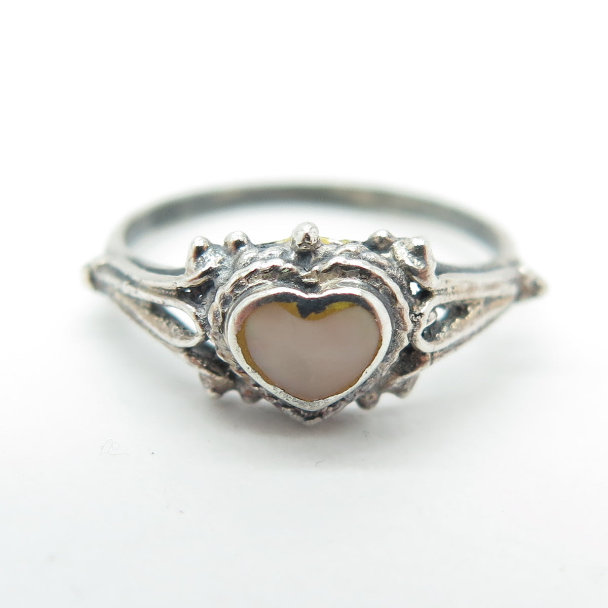 925 Sterling Silver Vintage Real Mother-Of-Pearl Heart Ring Size 4.5