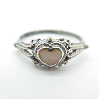 925 Sterling Silver Vintage Real Mother-Of-Pearl Heart Ring Size 4.5