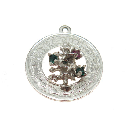 925 Sterling Silver Vintage Ruby & Green Rhinestone "Merry Christmas" Pendant