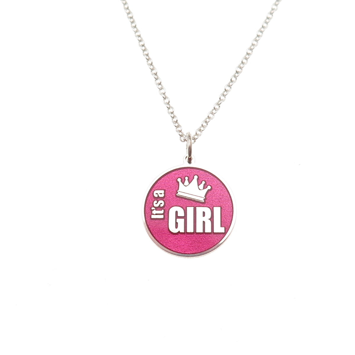 925 Sterling Silver Pink Enamel It's a Girl Round Tag Cable Chain Necklace 18"