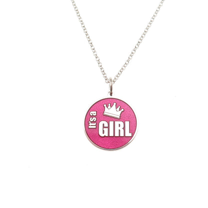 925 Sterling Silver Pink Enamel It's a Girl Round Tag Cable Chain Necklace 18"