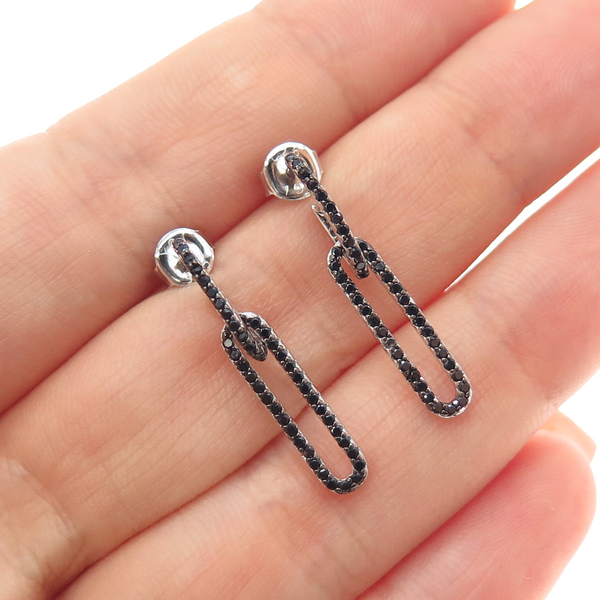 925 Sterling Silver Round-Cut Black C Z Paperclip Dangle Earrings