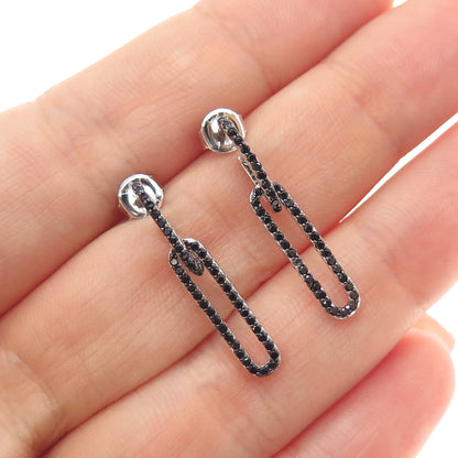 925 Sterling Silver Round-Cut Black C Z Paperclip Dangle Earrings
