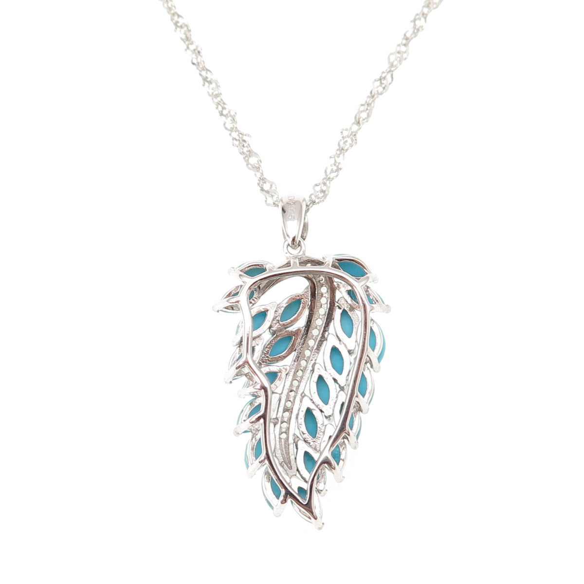 925 Sterling Silver Real Turquoise & White Topaz Floral Chain Necklace 18-20"