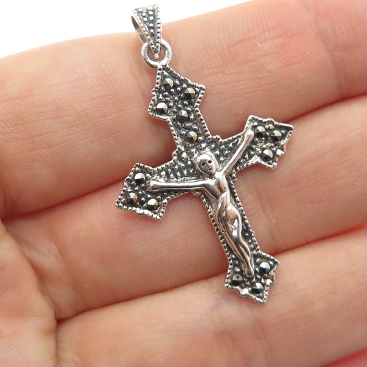 925 Sterling Silver Vintage Real Marcasite Crucifix Cross Oxidized Charm Pendant