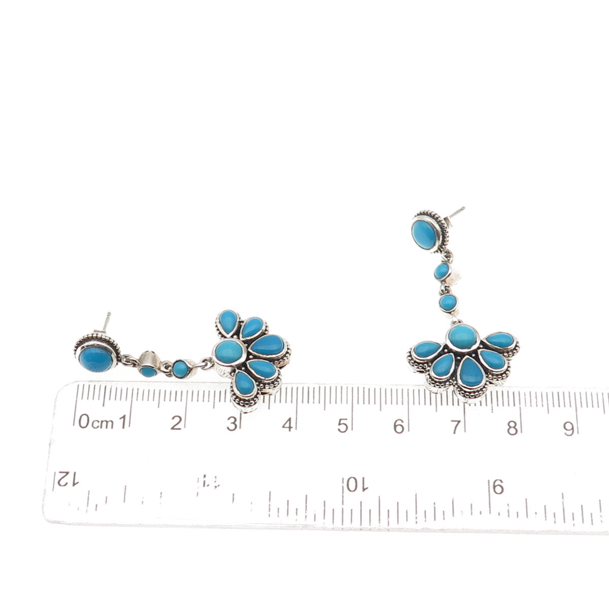 925 Sterling Silver Vintage Real Turquoise Floral Dangle Earrings