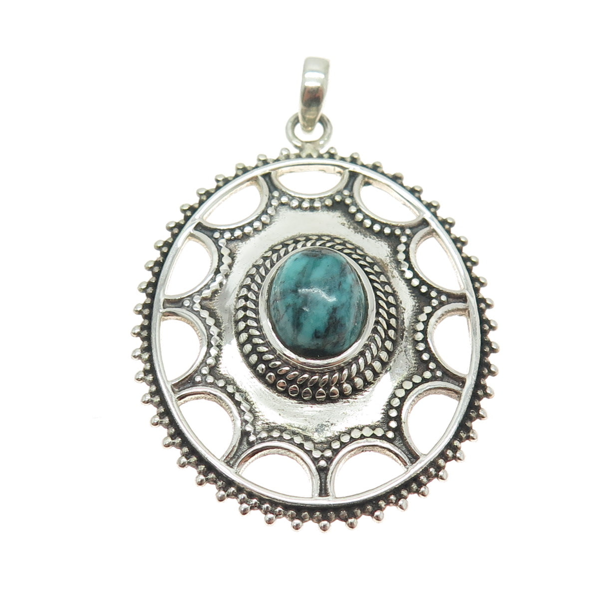 925 Sterling Silver Vintage Real Dragon Skin Turquoise Granulated Pendant