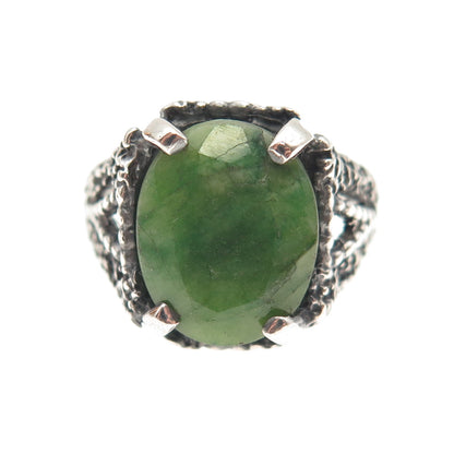 925 Sterling Silver Vintage Real Emerald Modernist Oxidized Ring Size 9.75