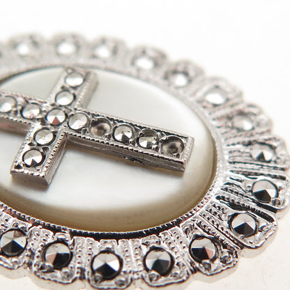 Kimler & Daniel Sterling Antique Marcasites MOP Cross Pendant (missing 2 stones)