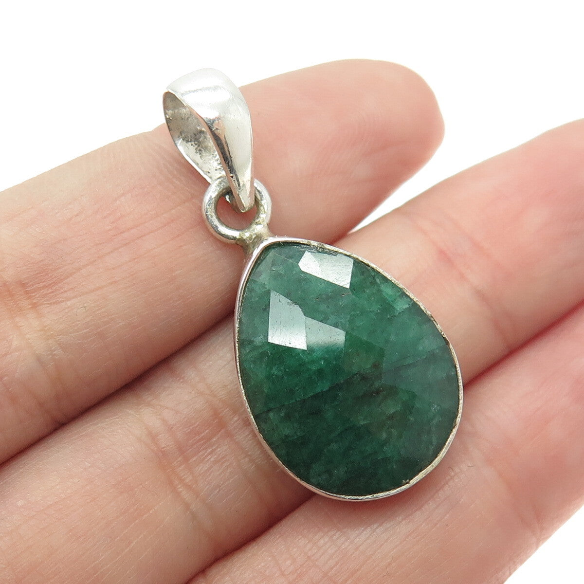 925 Sterling Silver Vintage Real Pear-Cut Emerald Teardrop Pendant
