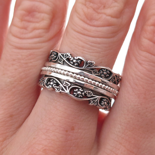 Or Paz PZ 925 Sterling Silver Vintage Israel Floral Rotating Band Ring Size 8.5