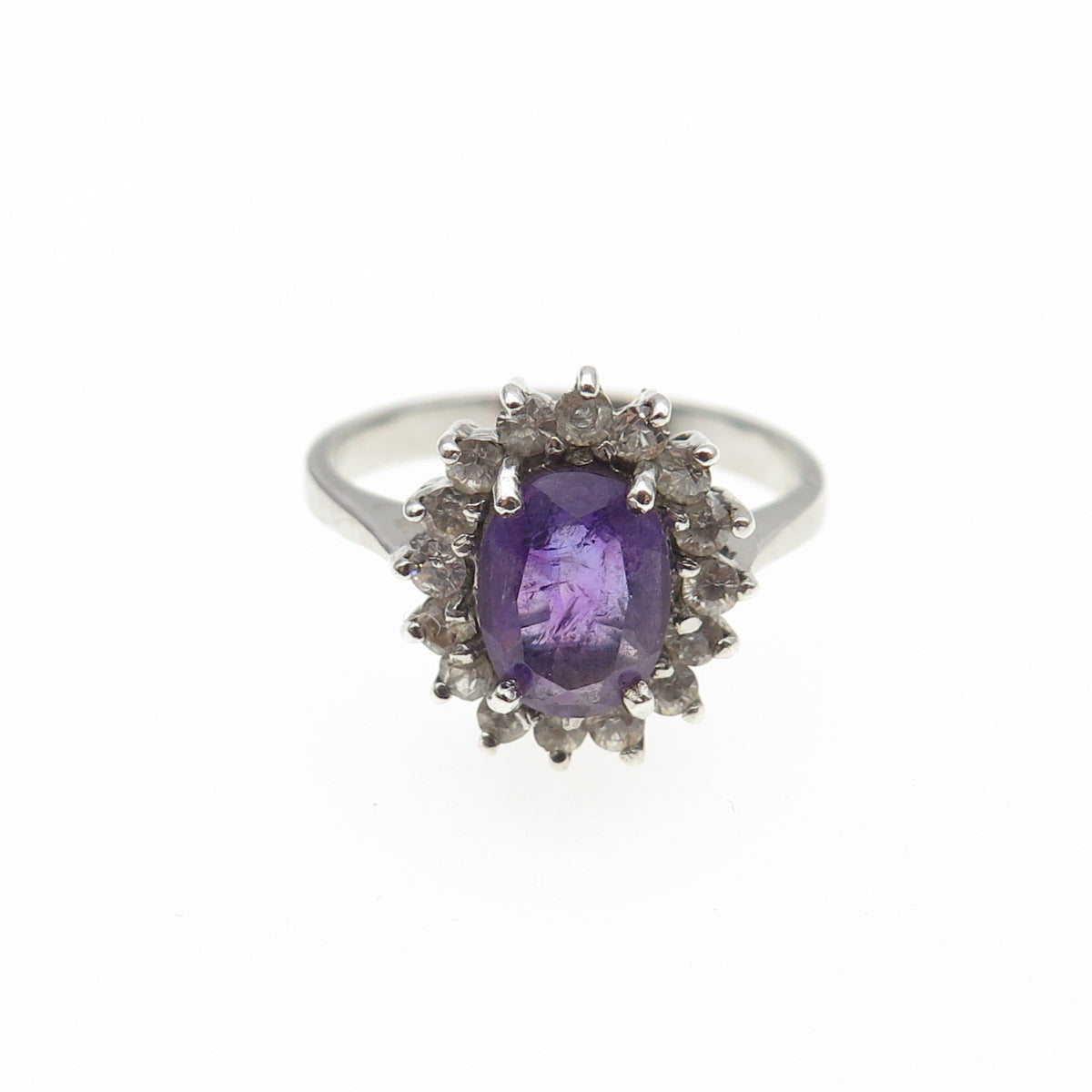 925 Sterling Silver Vintage Real Oval-Cut Amethyst & Round-Cut C Z Ring Size 6