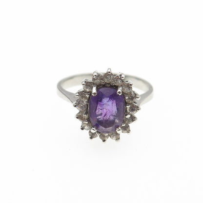 925 Sterling Silver Vintage Real Oval-Cut Amethyst & Round-Cut C Z Ring Size 6