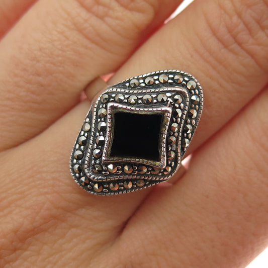 925 Sterling Silver Vintage Real Black Onyx & Marcasite Oxidized Ring Size 8.25