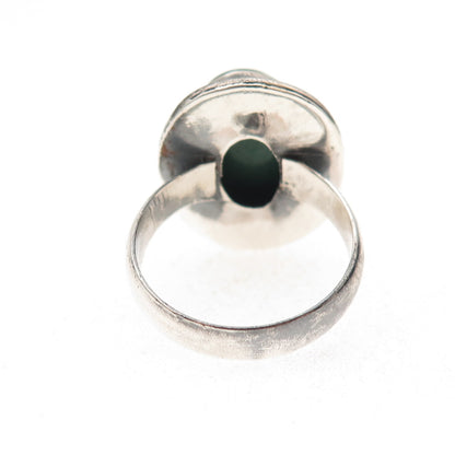 925 Sterling Silver Vintage Real Malachite Modernist Oxidized Ring Size 7.75