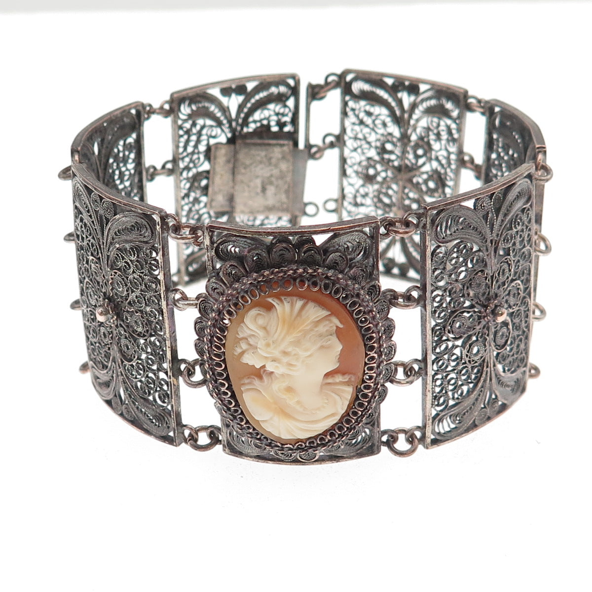 Silver-Tone Antique Art Deco Real MOP Cameo Filigree Panel Link Bracelet 8"