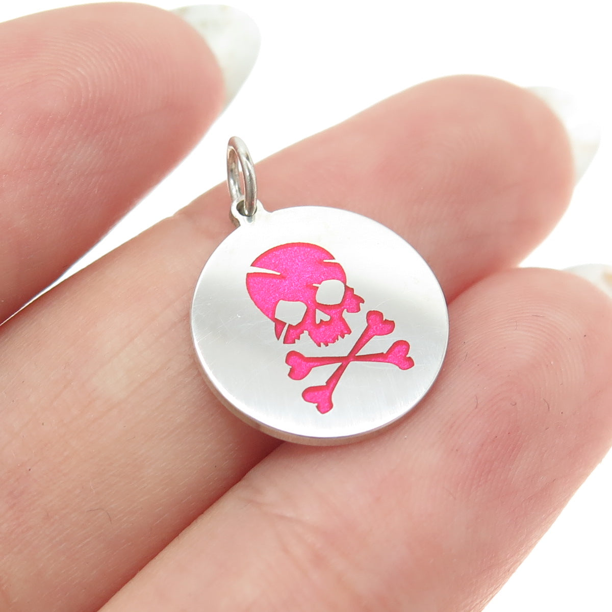 925 Sterling Silver Pink Enamel Skull Crossbones Round Minimalist Charm Pendant