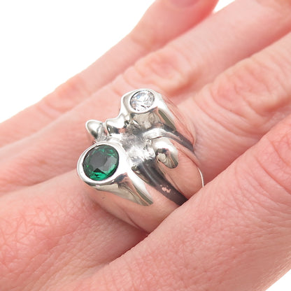 925 Sterling Silver Vintage Green & White C Z Modernist Ring Size 7.25
