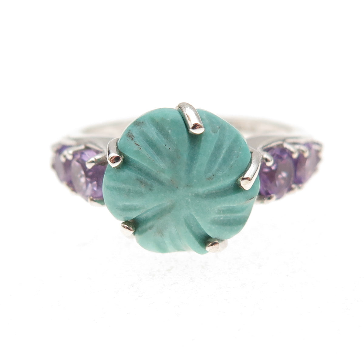 Chuck Clemency 925 Sterling Silver Real Turquoise Amethyst Floral Ring Size 8.25