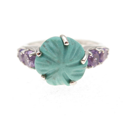 Chuck Clemency 925 Sterling Silver Real Turquoise Amethyst Floral Ring Size 8.25