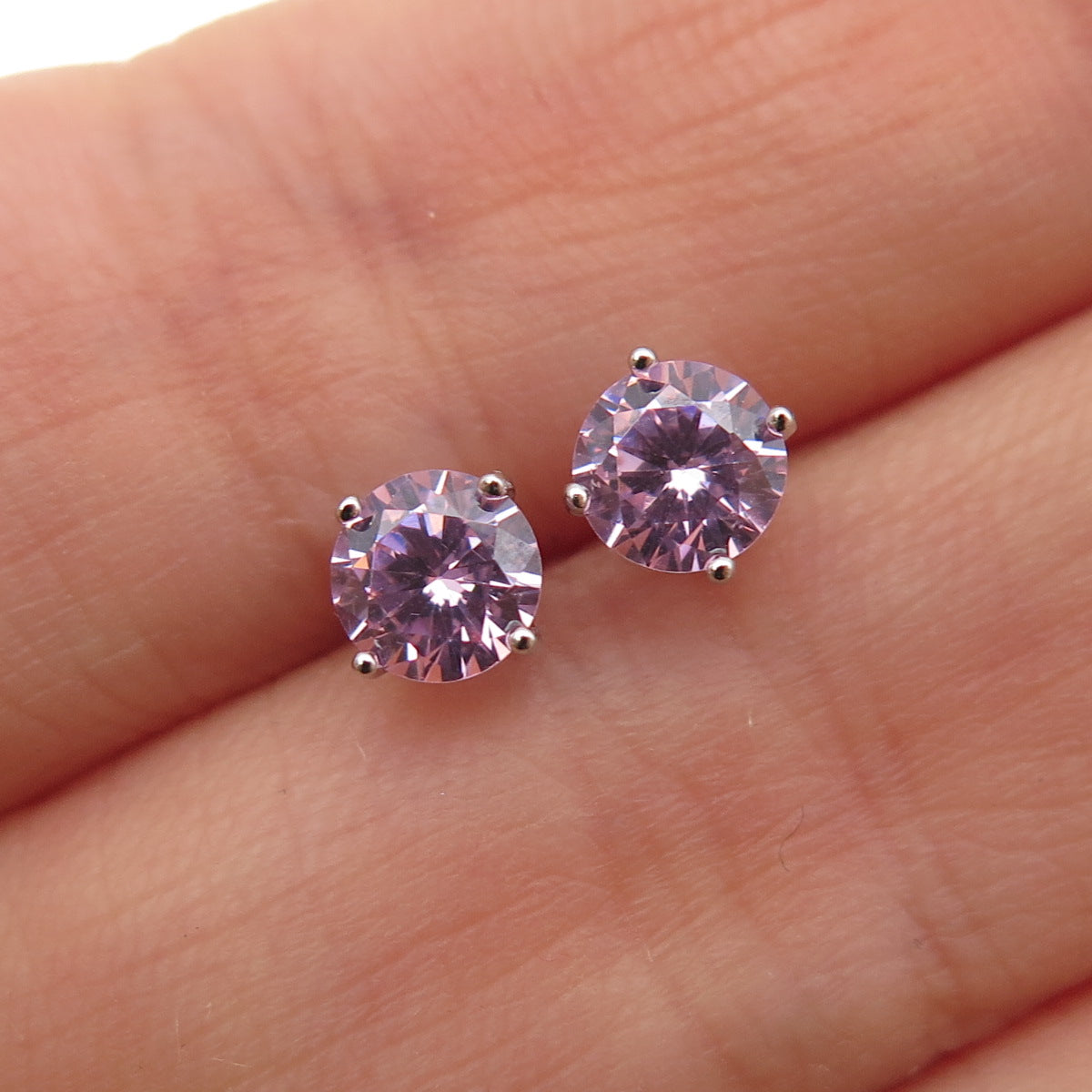 925 Sterling Silver Round-Cut Pink C Z Stud Earrings