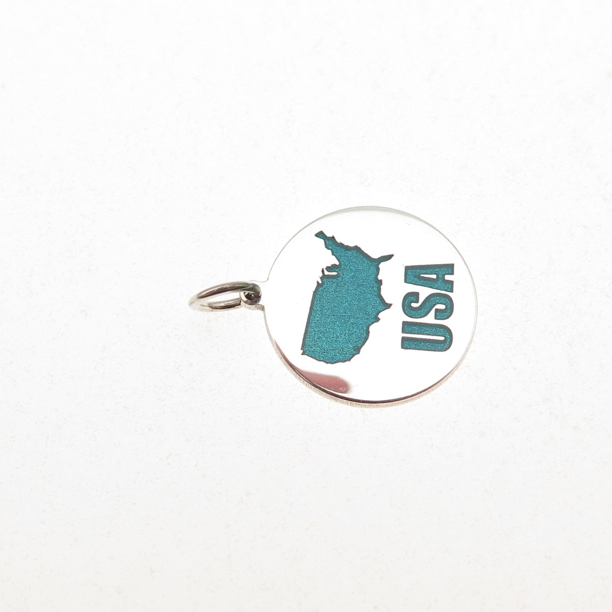 925 Sterling Silver Turquoise Enamel USA Map Round Tag Mini Charm Pendant