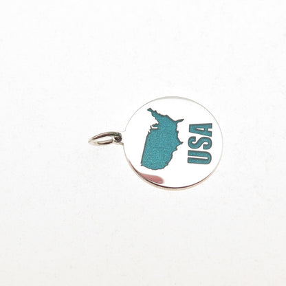 925 Sterling Silver Turquoise Enamel USA Map Round Tag Mini Charm Pendant