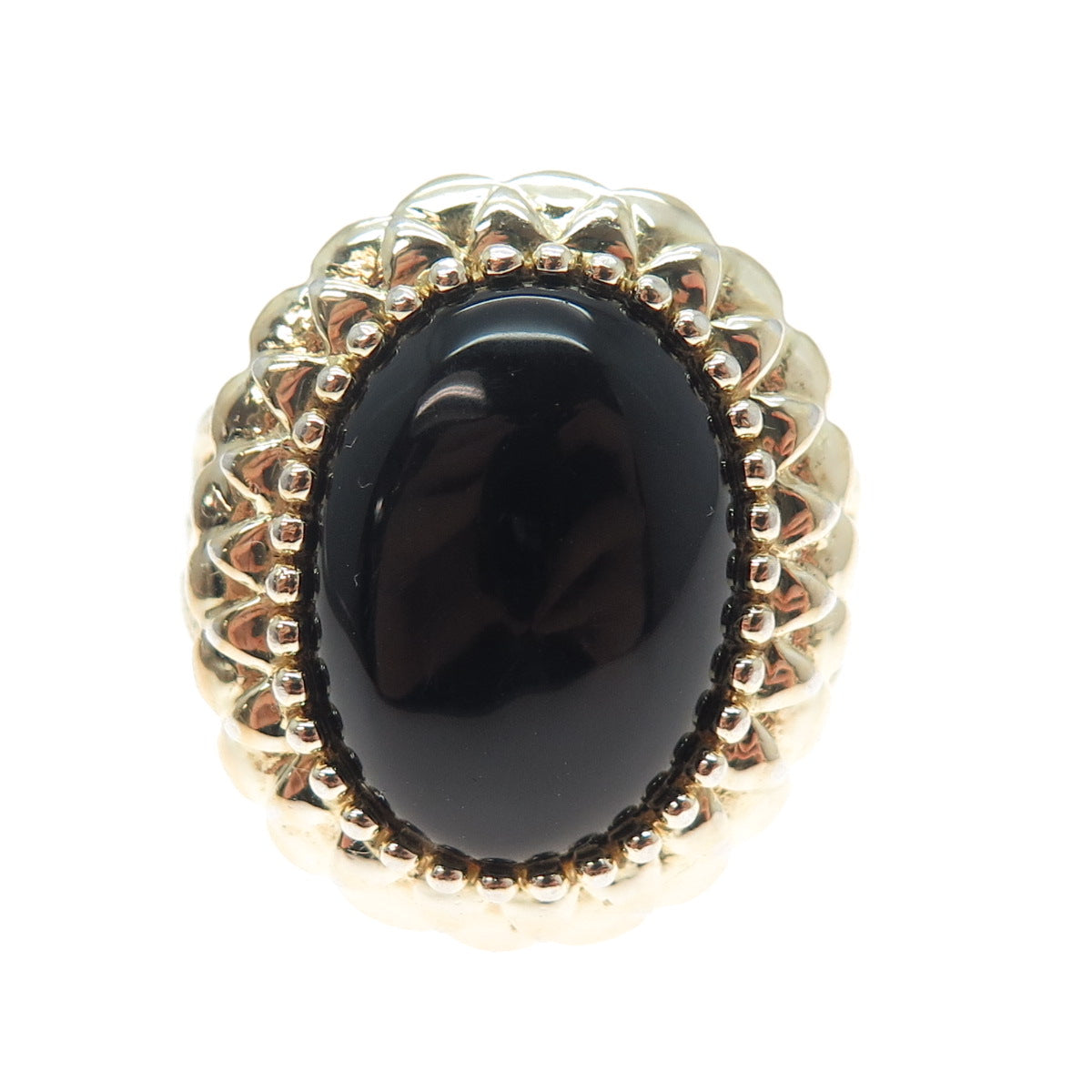 HN HENG NGAI Sterling Silver Gold Plated Vintage Real Black Onyx Ring Size 9.25