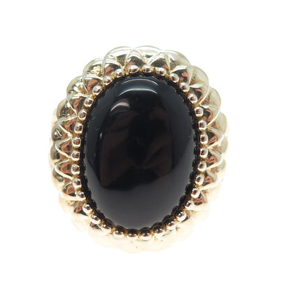 HN HENG NGAI Sterling Silver Gold Plated Vintage Real Black Onyx Ring Size 9.25