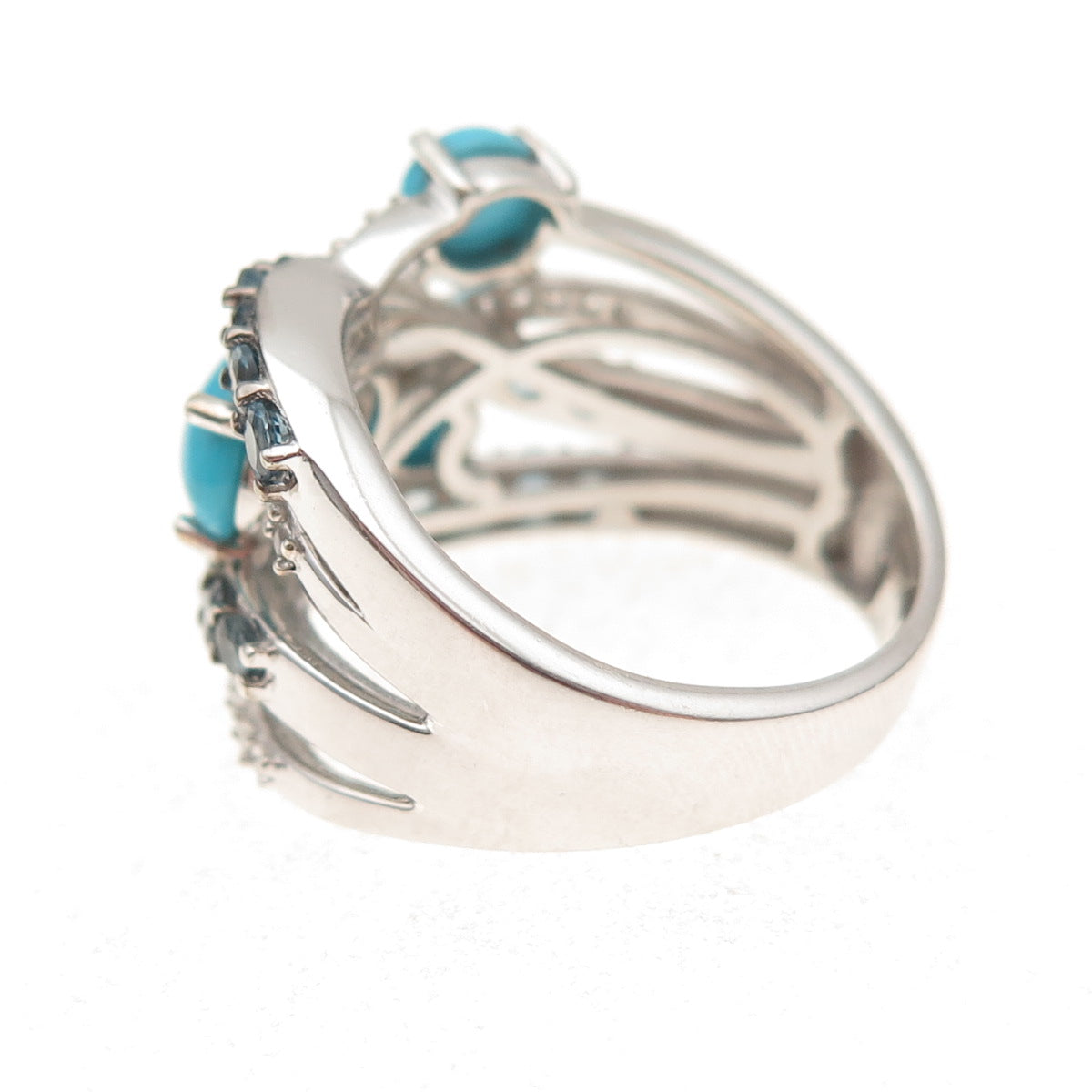 925 Sterling Silver Real Turquoise London Blue & White Topaz Ring Size 8.25