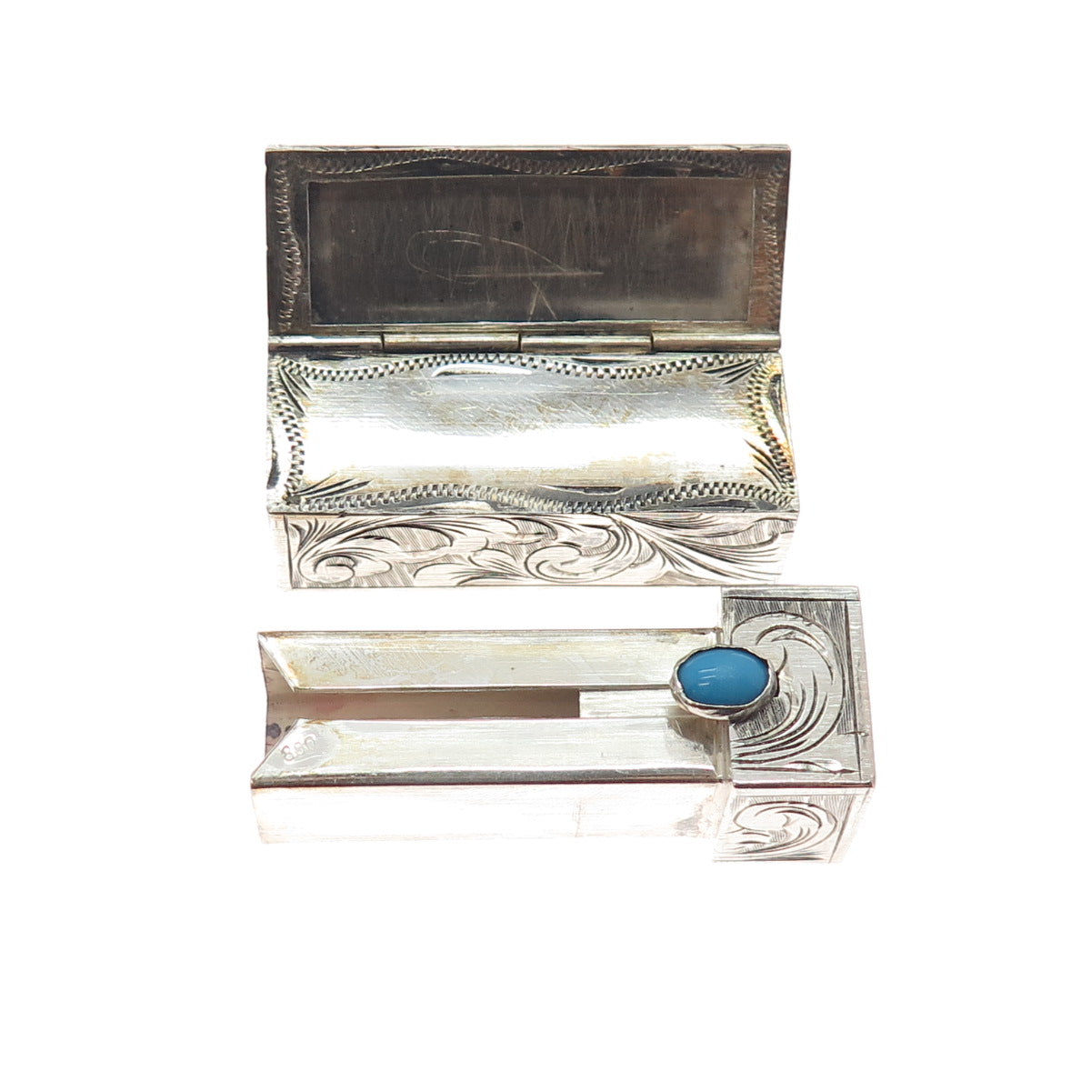 800 Silver Antique Art Deco Real Turquoise Engraved Tube Slide Lipstick Case