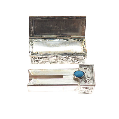 800 Silver Antique Art Deco Real Turquoise Engraved Tube Slide Lipstick Case