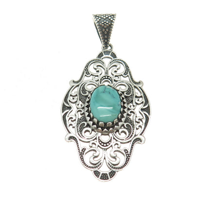 925 Sterling Silver Vintage Real Carico Lake Turquoise Swirl Oxidized Pendant