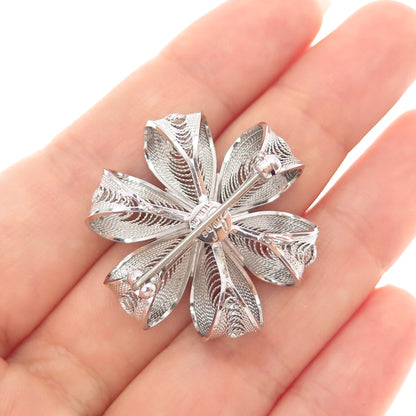 AM LEE Sterling Silver Antique Art Deco Rhinestone Flower Filigree Pin Brooch