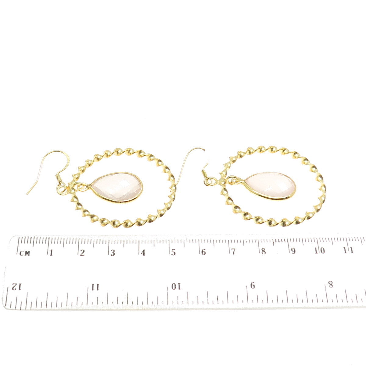 925 Sterling Silver Gold Plated Real Rose Quartz Twisted Circle Earrings