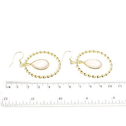 925 Sterling Silver Gold Plated Real Rose Quartz Twisted Circle Earrings