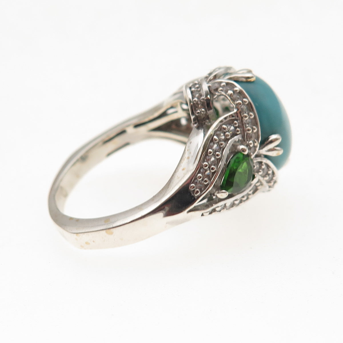 925 Sterling Silver Real Turquoise Peridot & White Topaz Ring Size 8.25