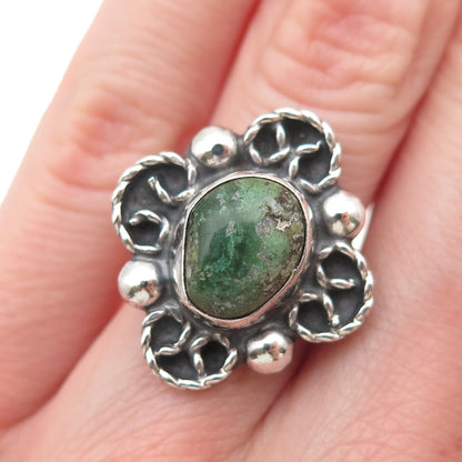 925 Sterling Silver Vintage Mexico Real Turquoise Flower Oxidized Ring Size 6.25