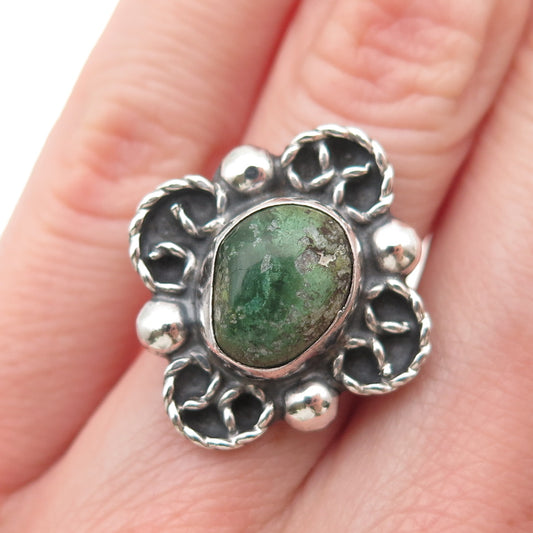 925 Sterling Silver Vintage Mexico Real Turquoise Flower Oxidized Ring Size 6.25