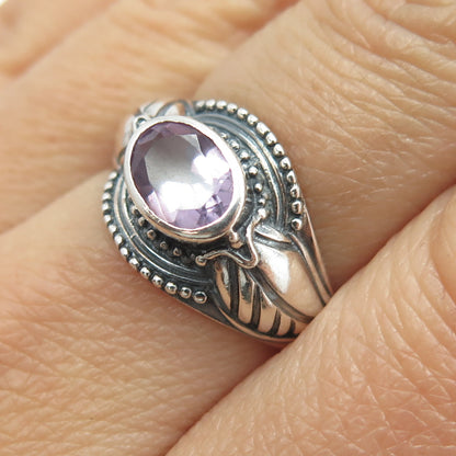 925 Sterling Silver Vintage Real Amethyst Feather Ring Size 8.25