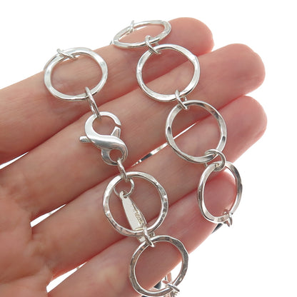 925 Sterling Silver Vintage Real Black Agate Hammered Circle Chain Necklace 24"