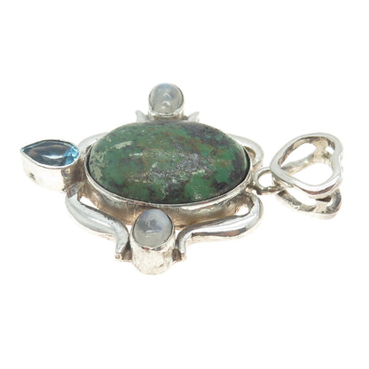 AF DESIGN 925 Sterling Silver Vintage Real Turquoise Blue Topaz & Opal Pendant