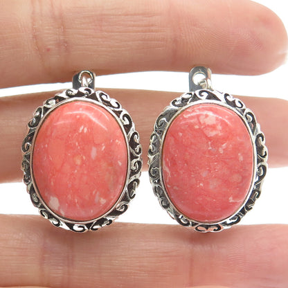 925 Sterling Silver Vintage Real Rhodochrosite Gem Ornate Frame Earrings