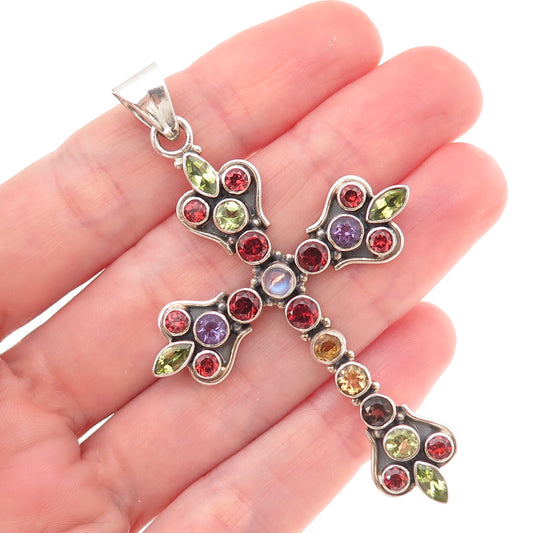 Nicky Butler 925 Sterling Silver Vintage Real Multi-Color Gem Cross Pendant